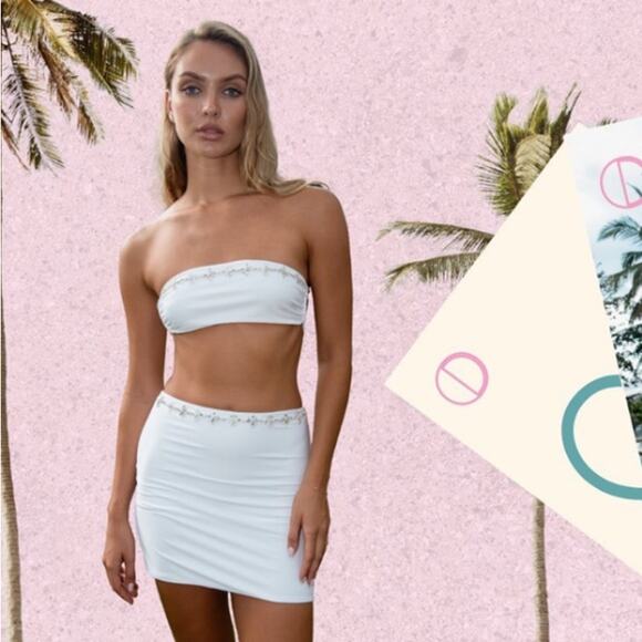 Oceanus | NWT White Aaliyah Crystal Trim Bandeau Top Mini Skirt Set XS - Picture 2 of 13